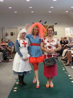 Radius Taupaki Gables catwalk models and staff: Emma Crosby, Helen Howitt & Greg Cocheran showcase a range of designer nursing outfits.