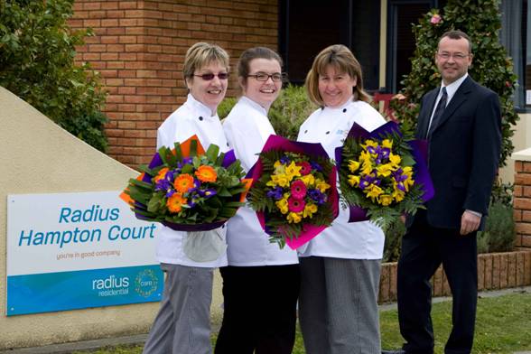 Food Services Residential Programme graduates Therese Simpson, Amanda Olsen & Wendy Bateman with Radius Residential Care Operations Manager Steven Heesen.