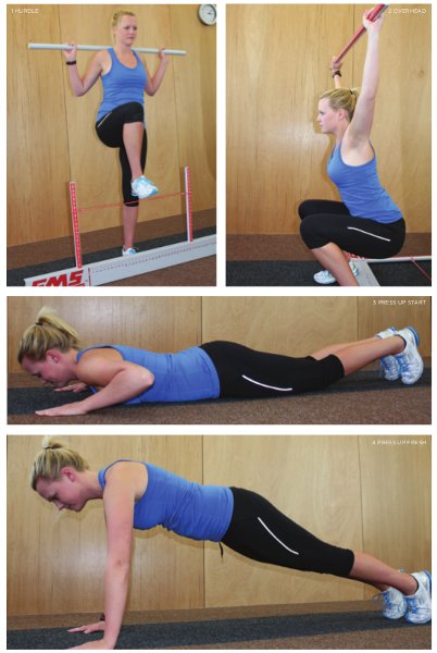 From top left: Hurdle, Overhead, press up start, press up finish