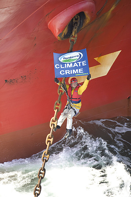 Greenpeace activists block a shipment of palm kernel animal feed from Indonesia