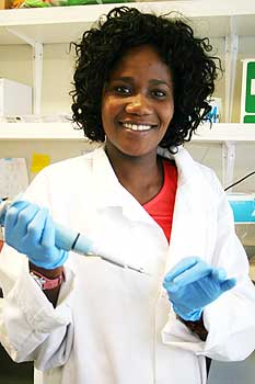 PhD science researcher Paulina Hanson-Manful  in a science lab at the Albany campus.