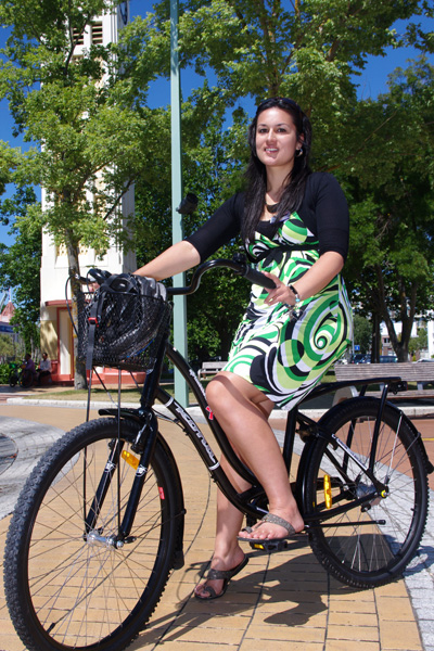 Flaxmere councillor, Jacoby Poulain, on her new bike sponsored by Revolution Bikes so she can get out and spread the Model Communities message.