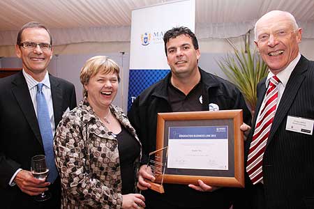 College of Business Dean Professor Ted Zorn, Vision Manawatu's Elaine Reilly, James Watts of Inspire Net and University Chancellor Dr Russ Ballard.