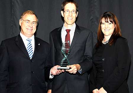 Research Science and Technology Minister Dr Wayne Mapp with Dr Wayne Patrick and NZBio chief executive Bronwyn Dilley at the awards presentation in Auckland last night.