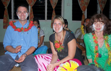 Nicholas Rowe with teacher/choreographers Sachiko Miller and Carol Brown on Koro Island, Fiji, 2011, presenting the flexible delivery of the Postgraduate Diploma in Creative and Performing Arts. 
