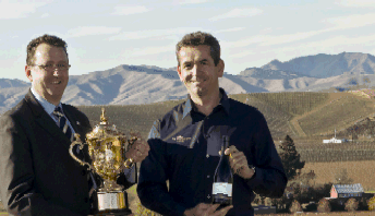 Ross Young, General Manager from RWCL with Patrick Materman, Chief Winemaker for Brancott Estate celebrating Rugby World Cup 2011 sponsorship overlooking Brancott Vineyard.