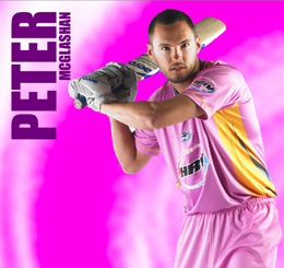Wicketkeeper Pete McGlashan models the Knights' pink playing shirt