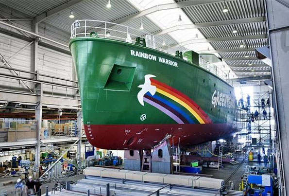 Work continues on the Rainbow Warrior III at Fassmer Shipyard in Berne, Germany.