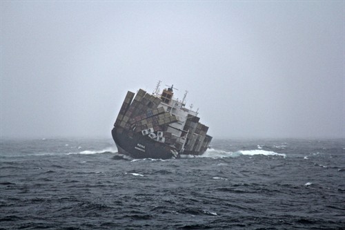 Taken from the water, the stern view of Rena  shows the starboard list