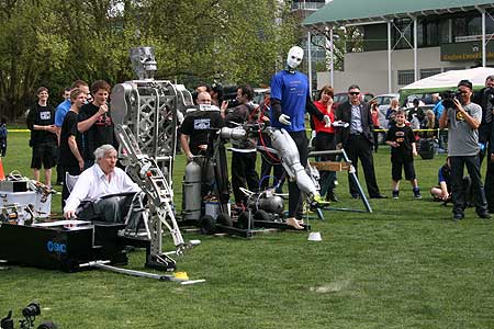 Robotic line-up with metallic creations from Massey's Manawatu and  Albany campuses, and Canterbury University at Victoria Park in Auckland.