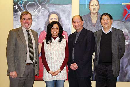 Professor Paul Spoonley, Sapna Samant (Holy Cow Media Limited), Lincoln Tan (New Zealand Herald ethnic affairs, immigration and diversity reporter) and Gilbert Wong (Human Rights Commission head of communications)  