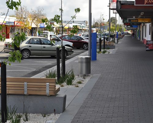 View of completed gardens and timber seating areas on 5th October 2010 for the Taradale Town Centre Upgrade.