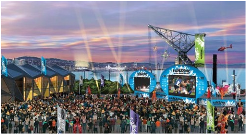 RWC 2011 fan zone with purpose-built stage for pre-match entertainment and performances .