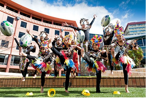 Festival performers, Ati-atihan Filipino Dance Street Group, help kick-off RWC 2011