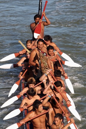 Paddlers taking part in the waka fleet gathered for Waitangi Day celebrations.